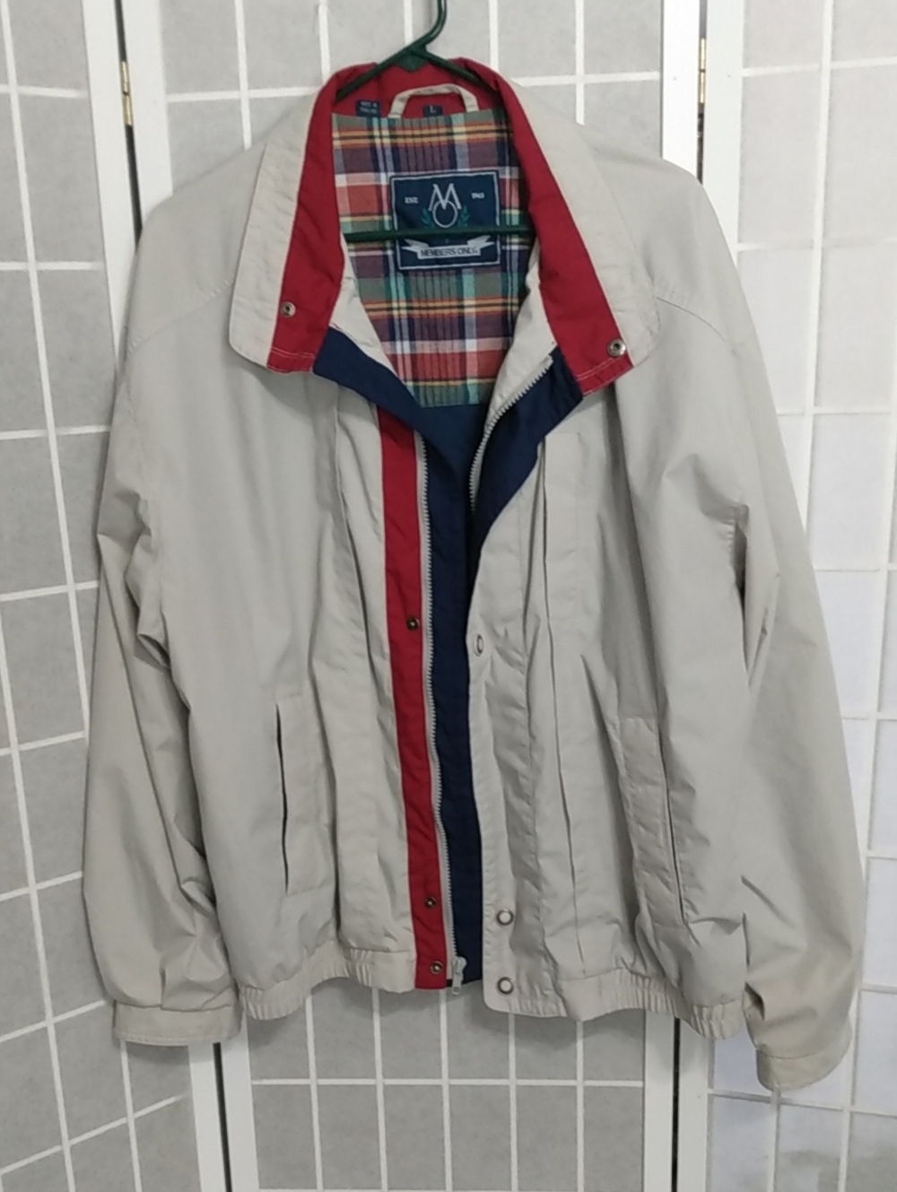 Vintage Members Only Beige Jacket w/ Red & Navy Trim - Men's Large- Zip/ Snap